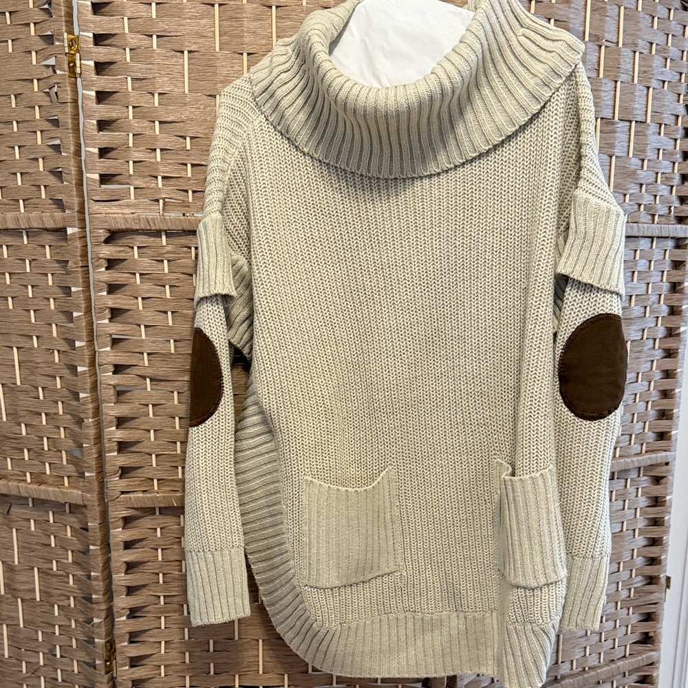 Cozy Cream Turtleneck Sweater with Brown faux suede elbow Accents LIKE NEW